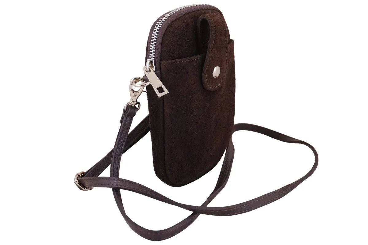 Etui na telefon ze skóry zamszowej - Brązowe ciemne