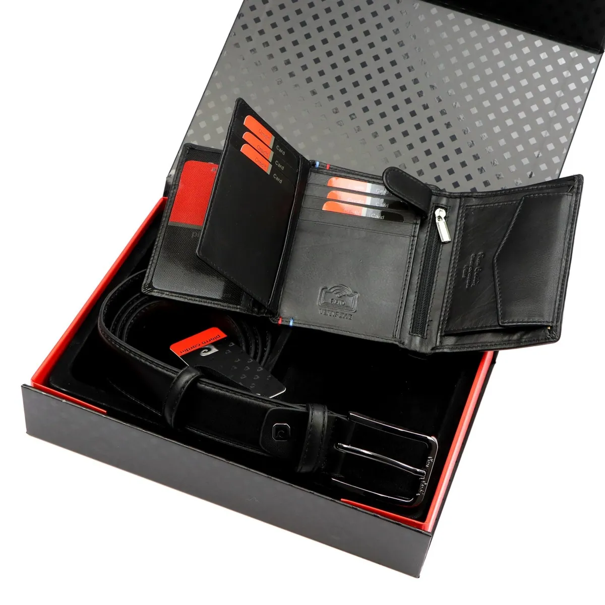 Pierre Cardin pionowy portfel i pasek do spodni męski skóra naturalna