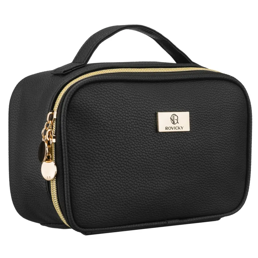 Czarna, praktyczna kosmetyczka ze skóry ekologicznej zamykana suwakiem - Rovicky