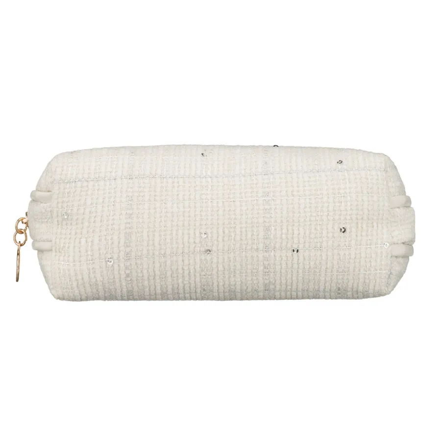 Beżowa kosmetyczka damska wykonana z materiału syntetycznego z ozdobnymi cekinami - Rovicky