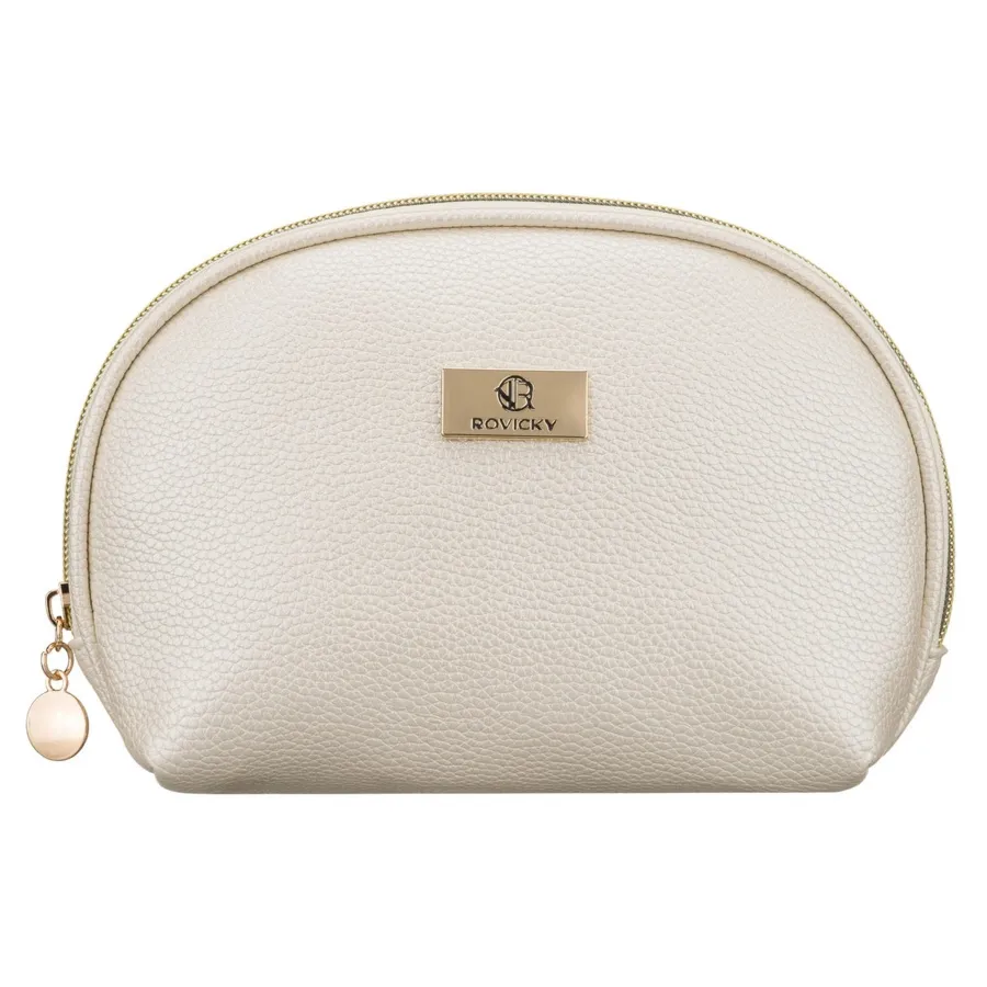 Beżowa kosmetyczka ze skóry ekologicznej, jednokomorowa i zamykana suwakiem - Rovicky