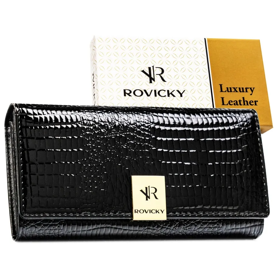 Duży, czarny portfel damski ze skóry naturalnej we wzór imitujący skórę krokodyla - Rovicky