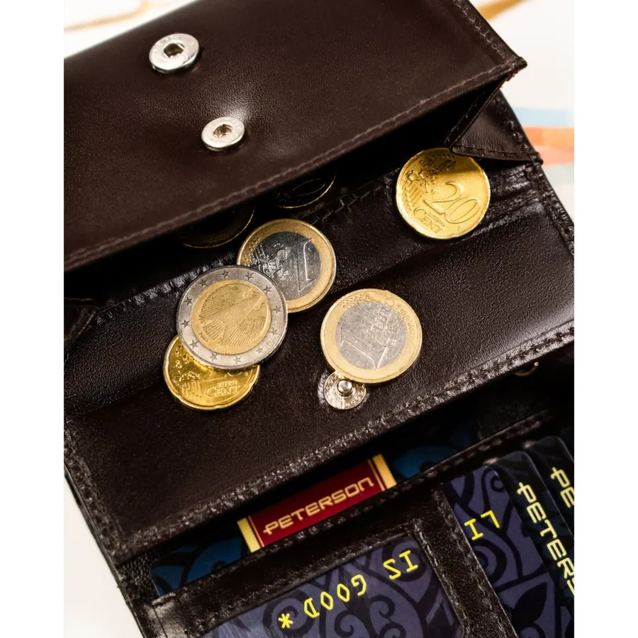 Portfel damski w brązowym kolorze zamykany na zatrzask, wyposażony w system RFID - Peterson