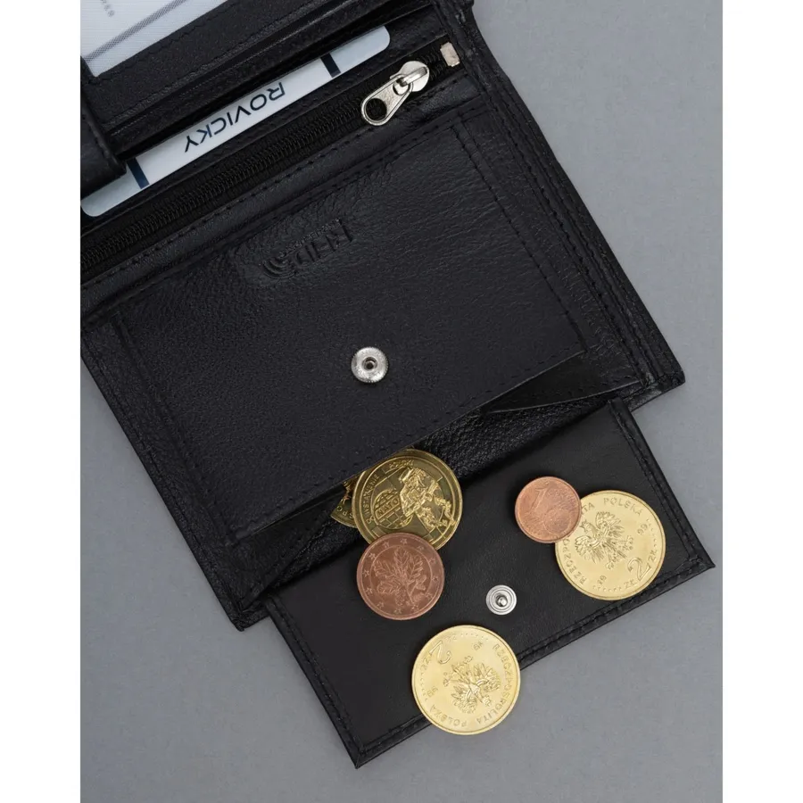 Duży, skórzany portfel męski w czarnym kolorze bez zapięcia zewnętrznego - 4U Cavaldi